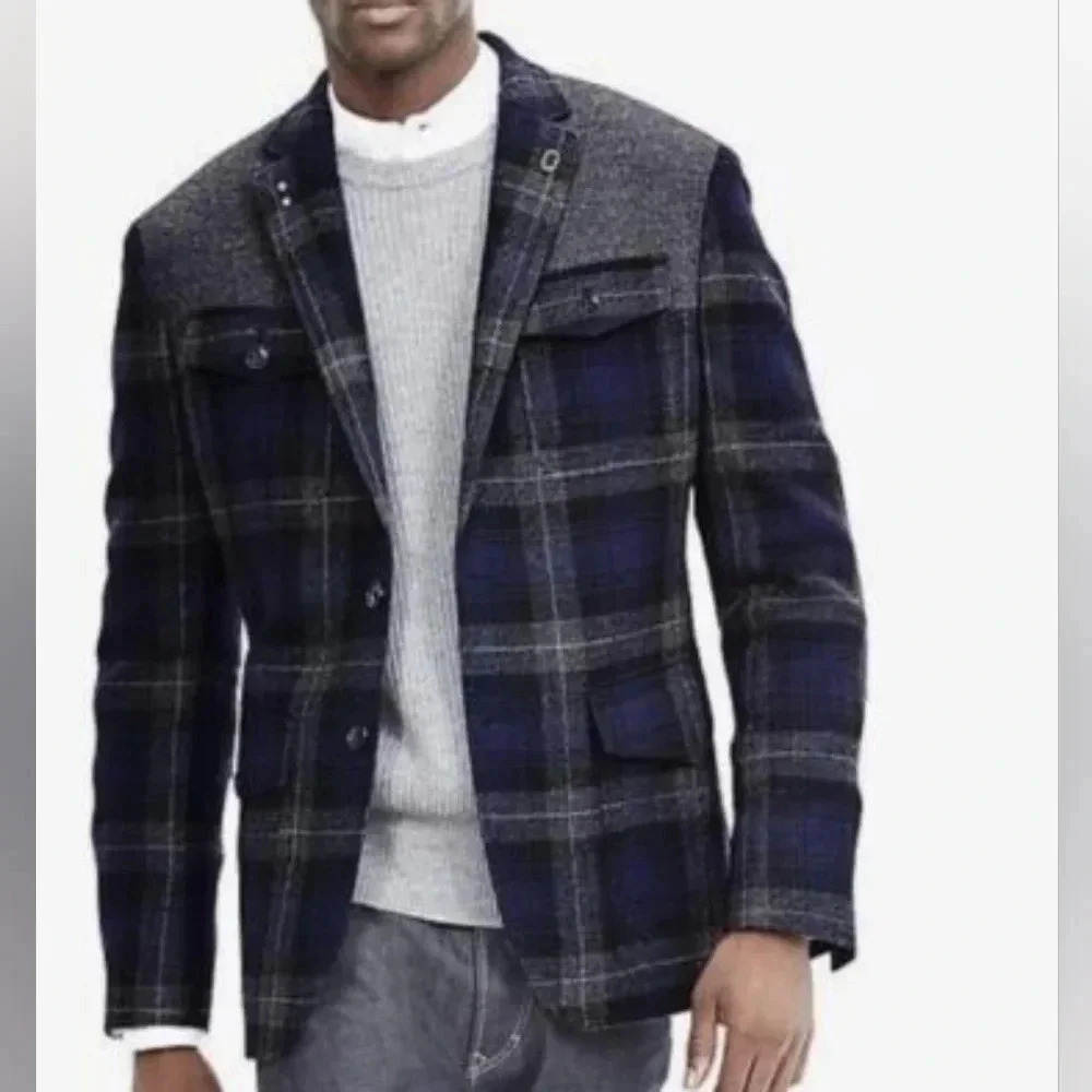 BANANA REPUBLIC Plaid Blue Grey Wool Sport Coat Blazer Preppy Size 40R Medium